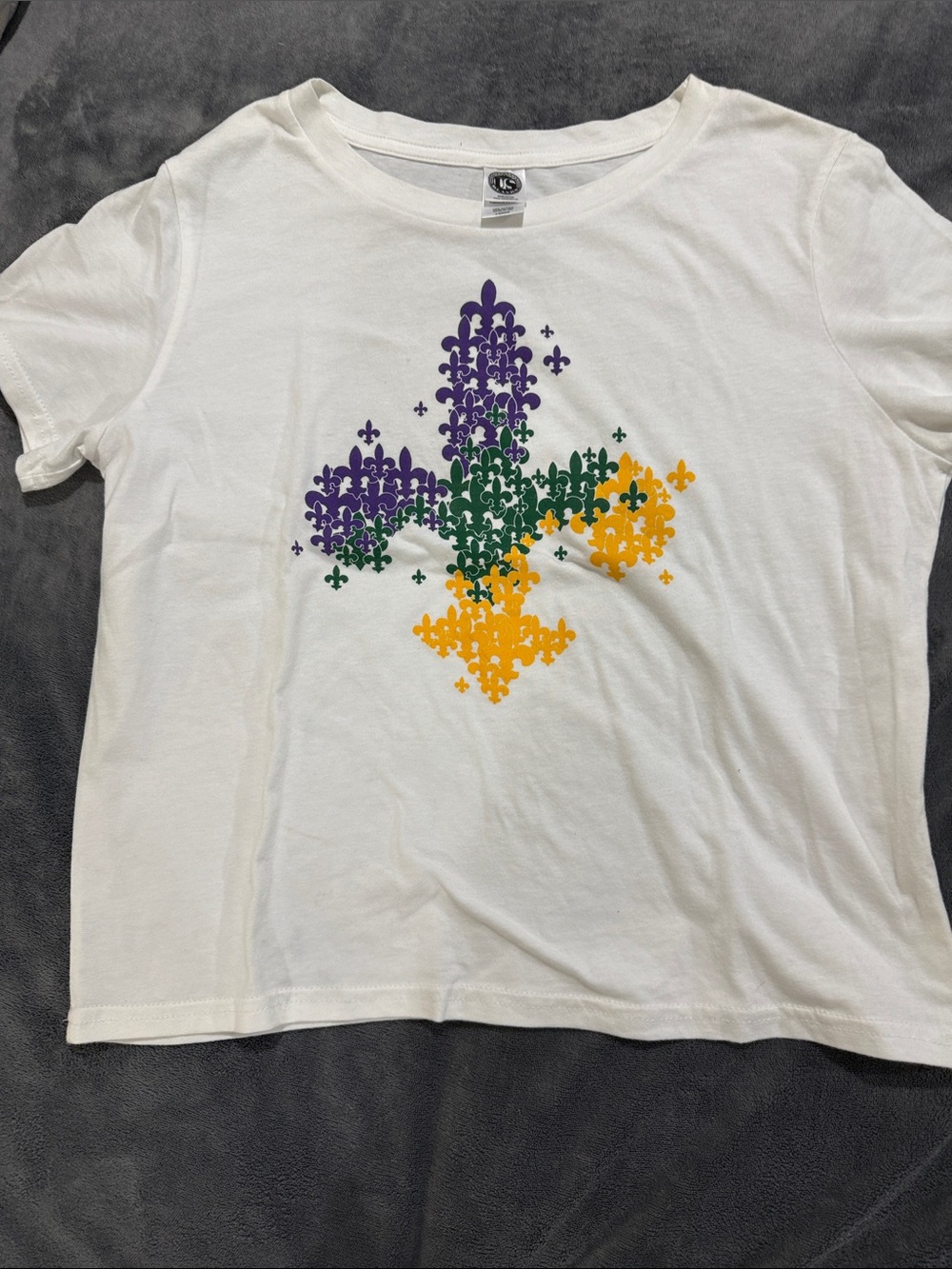 Blank NYC White Tee with Purple, Green & Yellow Fleur-de-Lis Graphic